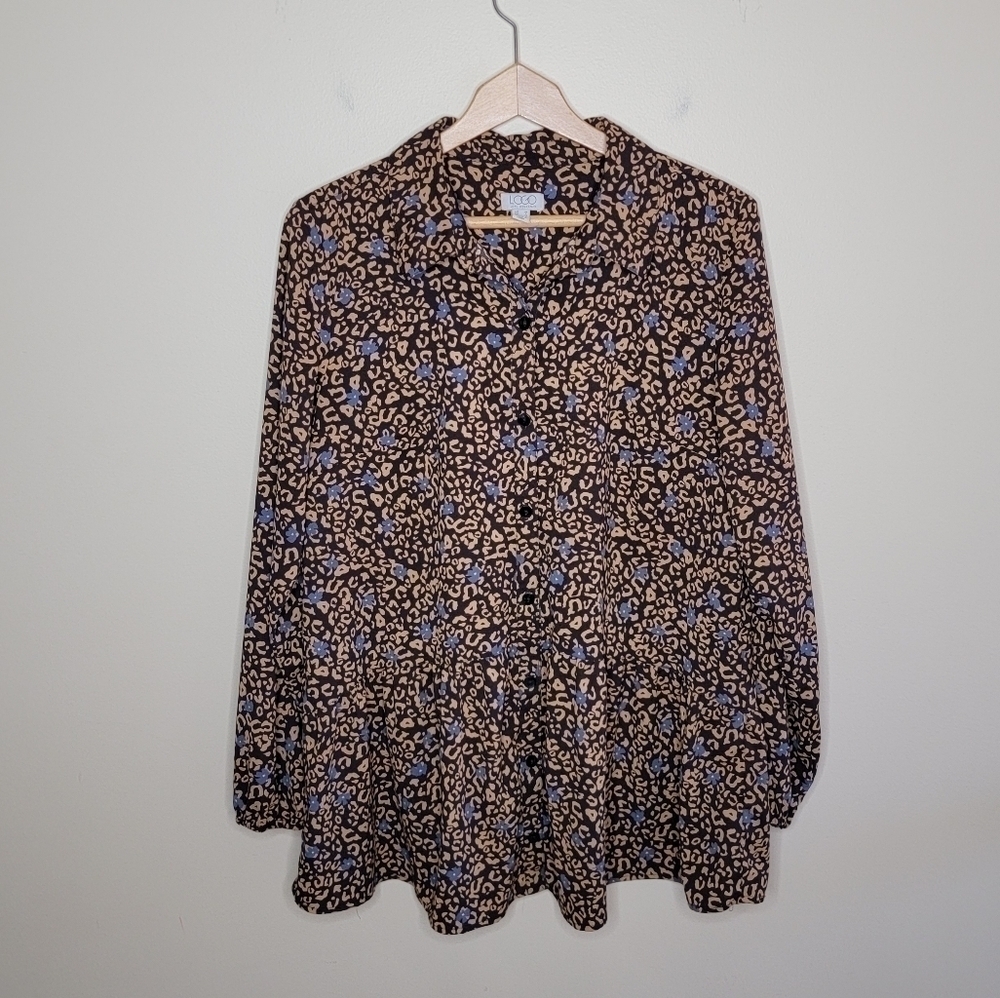LOGO Lori Goldstein Leopard Floral Peplum Hem Button Down Blouse Size Medium